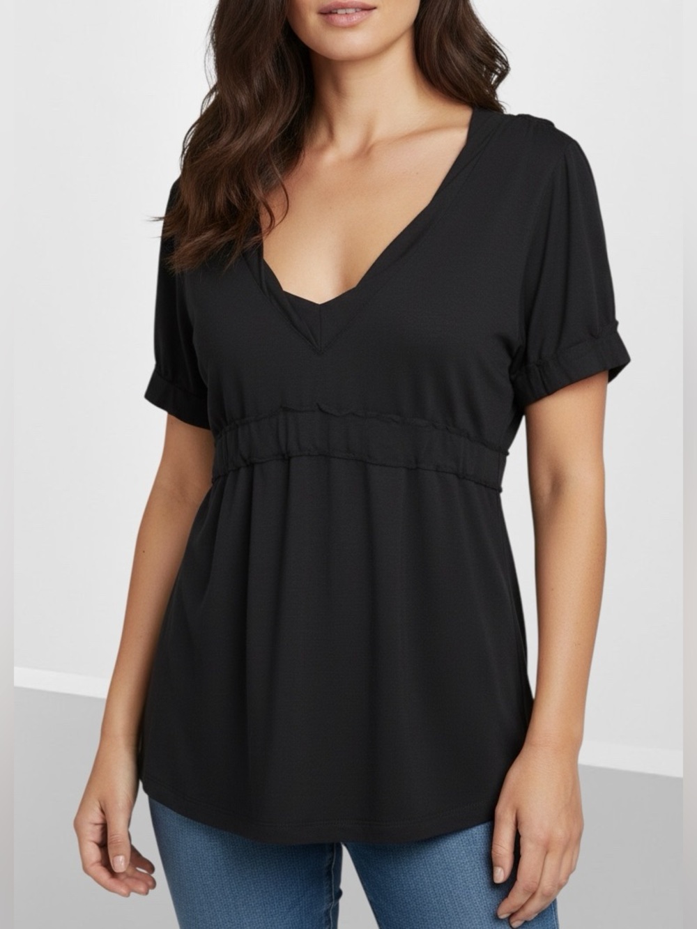 MARC JACOBS Black V-Neck Short Sleeve Knit Top Blouse with Back Waist Tie